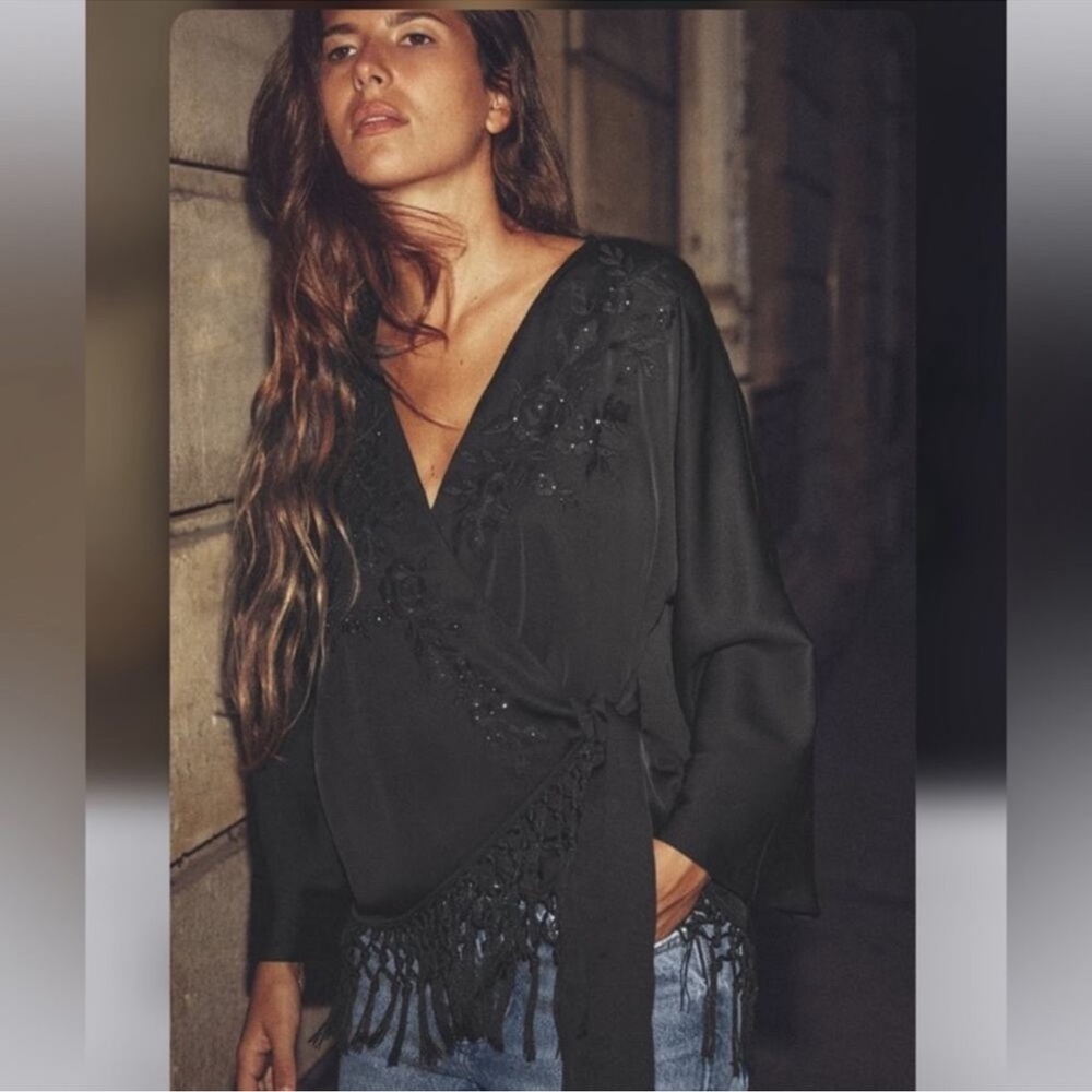 ZARA NWT Fringed Embroidered kimono Top